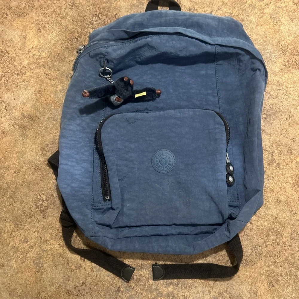 Kipling Blue Nylon Backpack with Monkey Keychain